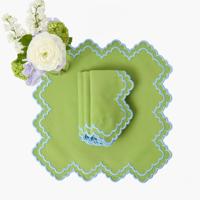 Vente en gros de linge de table vert festonné personnalisé avec bordure bleue Serviette de table de haute qualité pour banquets, repas à domicile et restaurant