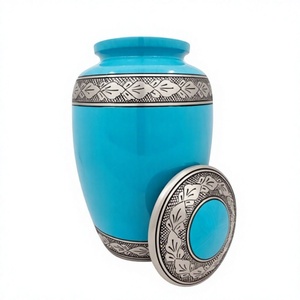 Urne funéraire en métal bleu turquoise pour adultes avec bande florale gravée, articles funéraires pour proches, grande capacité. - Product Image 1