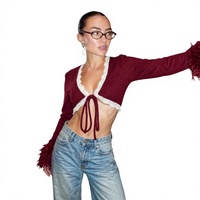 Y26TP381 Nouveau style transfrontalier, style audacieux, avec empiècements en dentelle, col en V, à lacets, effet duveteux, polyvalent, streetwear, doublure en laine mohair, court