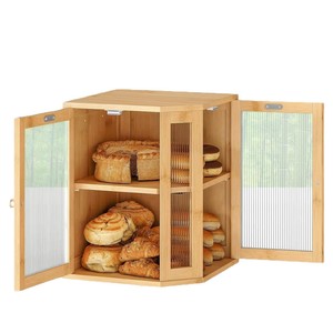 Wooden Bread Box <b>Cabinet</b> With Hinged Doors Acrylic Lid <b>Corner</b> Storage For Bread And Pastries Freshness Preservation - Product Image 3