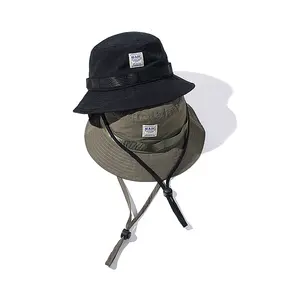 [Pieghevole] BSCI cotone personalizzato ricamo Logo secchio sportivo montato grande tesa semplice cappello boonie con spago