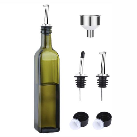 17 oz Green Glass Olive Oil Dispenser Bottle 500 ml Oil & Vinegar Cruet With Pourers and Funnel Olive Oil Carafe Decanter
