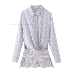 Women's Striped Front Shirt Collared Long Sleeve Tie-Back Casual Office Blouse <b>Top</b> Fashion - Product Image 4