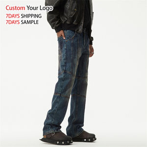 Jean en denim bleu délavé de haute qualité, taille mi-haute, style streetwear décontracté, coupe droite ample vintage, personnalisé par un designer, pour homme - Product Image 2
