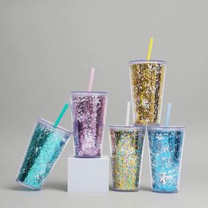 Gobelet à paille transparent minimaliste en plastique à double paroi de 16 oz, grande capacité, pour lait et jus, avec paillettes – Meilleures ventes - Product Image 5