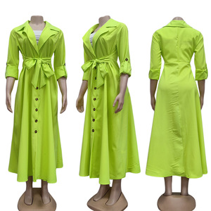 Robe chemise longue décontractée à manches mi-longues et simple boutonnage de couleur vive pour femmes et dames, robe chemise Maxi élégante, <span class=keywords><strong>2022</strong></span> - Product Image 4