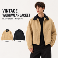 Blouson de travail vintage délavé 100 % coton pour homme, coupe ample, épaules tombantes, effet vieilli, fermeture éclair, streetwear, logo personnalisé, vente en gros
