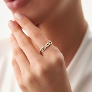 Bagues de luxe en argent sterling 925 plaqué or 14 carats avec deux rangées de zircons taillés en marquise et ronds, bijoux fins pour femmes, décontractées ou de mariage - Product Image 2