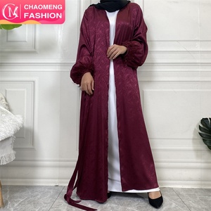 1950# New Arrival Printed Satin Open Abaya With Feather Cuff Long Sleeve Abaya Kimono With Belt 7 Colors - Product Image 2