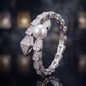 Bague de luxe en argent S925 en forme de serpent avec perle d'eau douce, entièrement pavée de zircons, ajustable, bijou en perles pour femme, cadeau de fête - Product Image 4