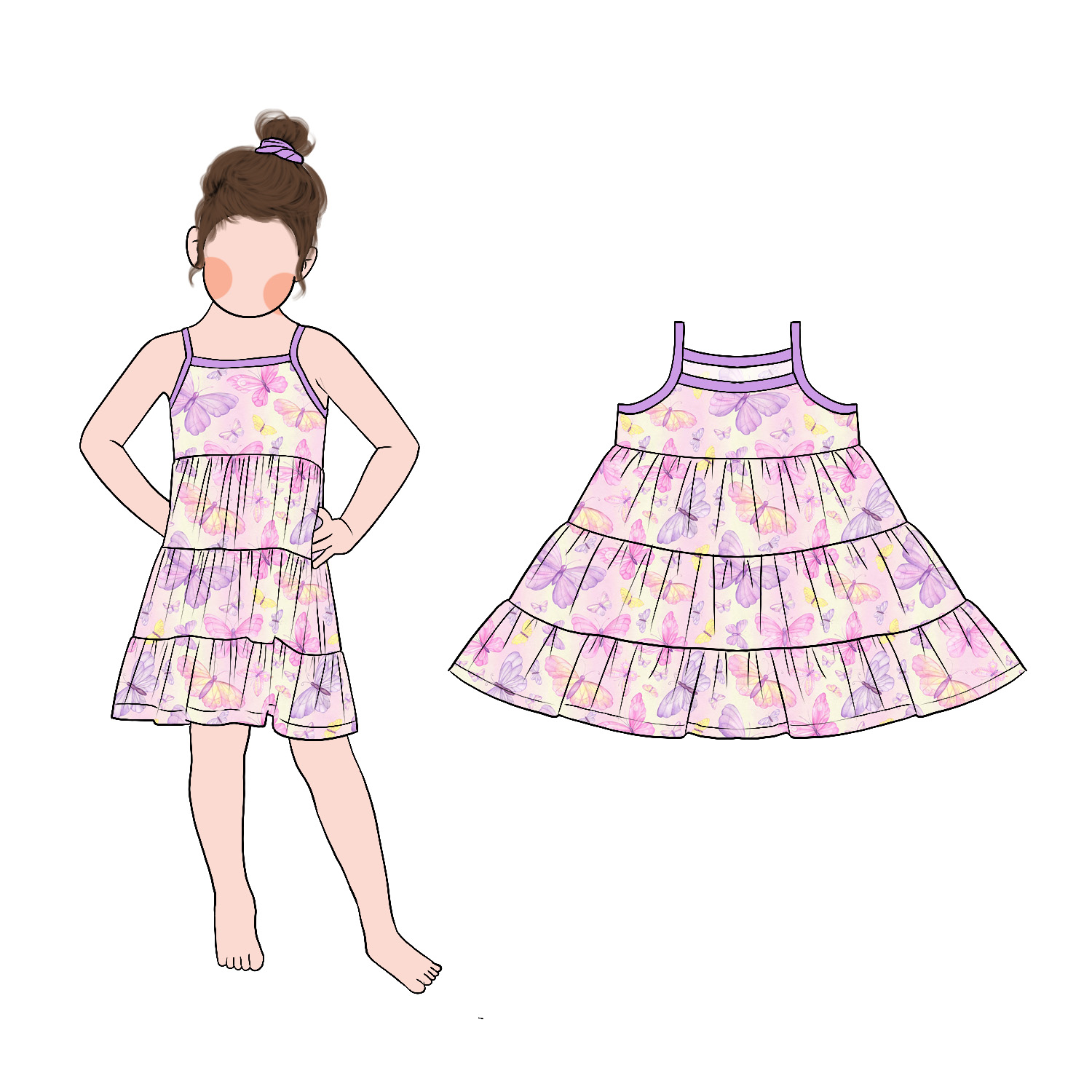 Factory Accept Low MOQ Girls Summer Wear Thin Shoulder Strap Twill Cute Print Dress Ruffle Design Long Dress