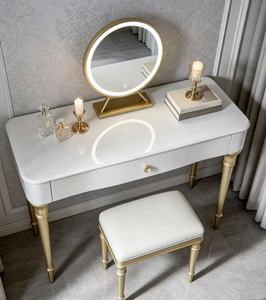 Luxury Gold Leg Dressing <b>Table</b> Set, White Solid Wood Makeup Vanity with LED Round <b>Mirror</b> & Stool for Bedroom Furniture Vanity Ta - Product Image 2