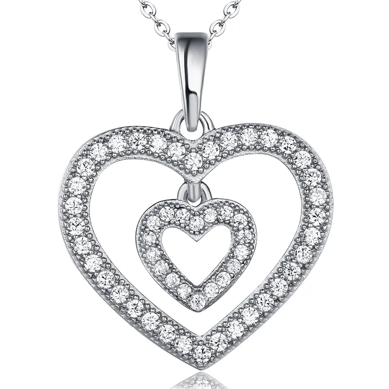 S925 Sterling Silver Double Heart Necklace With Diamonds Simple Female Charm Fashion Love Pendant