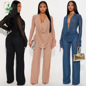 Modisches 2-teiliges Set Sexy Mesh Neckholder-Oberteil mit Bindung und Langen Ärmeln sowie Lange Hose Zweiteiliges Damen-Outfit - Product Image 1