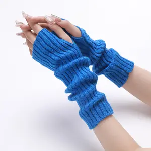 Sarung tangan rajut polos wanita, penghangat lengan sarung tangan tanpa jari hangat musim dingin untuk wanita