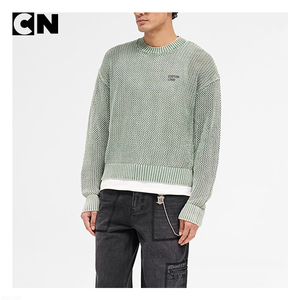 BSCI Certification Sweater Manufacturer Custom Design logo <b>Men</b> 100% Cotton Vintage Knitwear Acid Wash Open Gauge Knit Sweater - Product Image 2