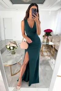 Solid Simple V Neck Sleeveless Split Dress Sexy Evening Dresses