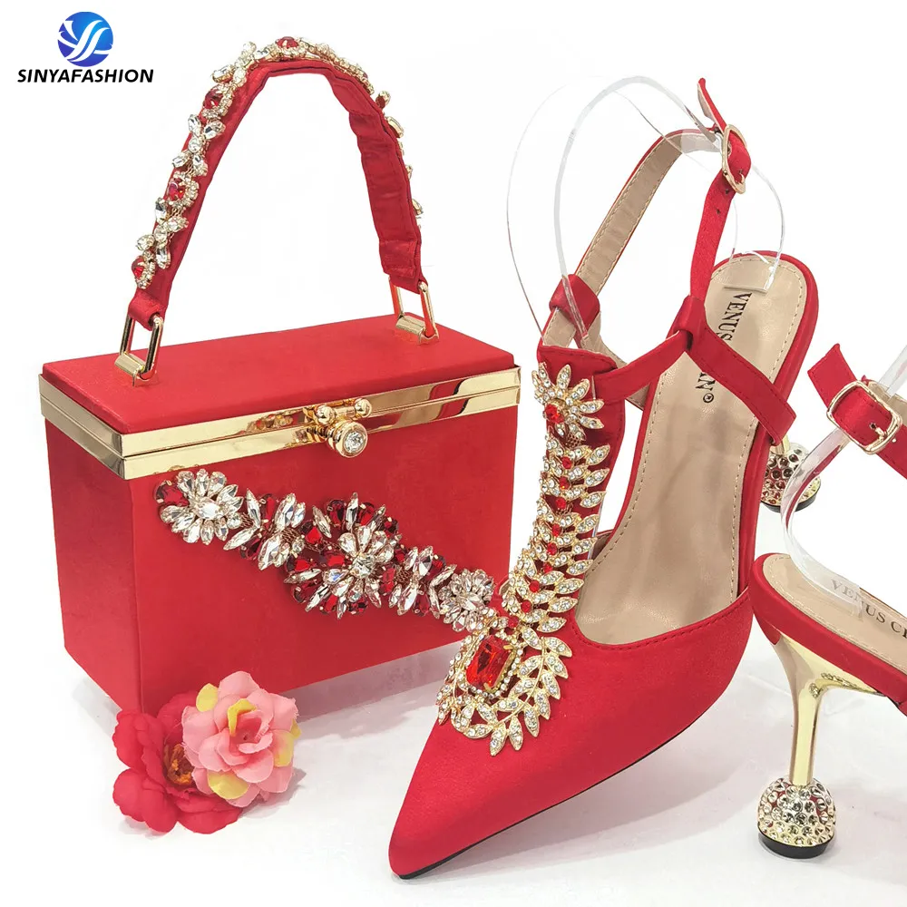 2023 Sinya Luxury Rhinestone Nigerian Women Red High Heels Shoes And Bags Sets Wedding Party Bridal Ladies For Party