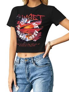 Camiseta Corta para Mujer, Corte Regular, Manga Corta, Cuello Redondo, Diseño Estampado de Atardecer, Top Informal de Verano, Jersey de Spandex/Poliéster - Product Image 1