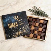 Boîte en papier pour chocolats avec couvercle imprimé CMYK personnalisé, 25 compartiments, doublure en feuille d'or, emballage cadeau pour confiseries, desserts et sucreries