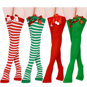 Bas de Noël montants jusqu'aux cuisses, rayés rouge et vert avec nœud et pompon, cadeau pour femme - Product Image 1