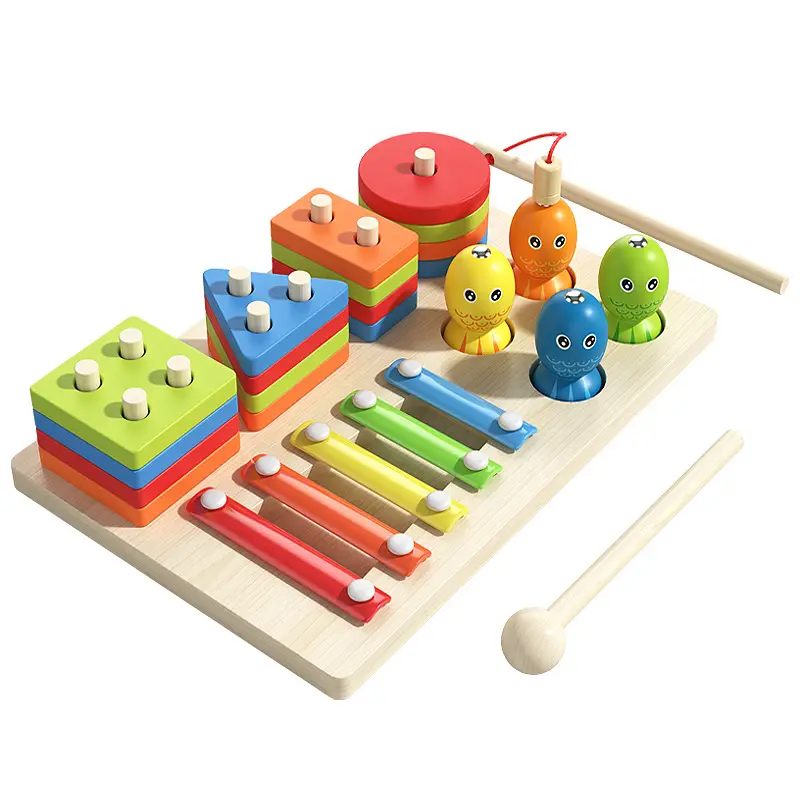 Montessori Toy 3 in 1 Wooden Sorting Stacking Blocks with Fishing Sensory Educational Toys for Toddlers Stacking Toys