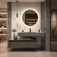 Meubles-lavabos de salle de bain avec comptoir en marbre, achat en gros, meuble-lavabo flottant moderne gris avec étagère ouverte