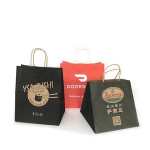 ถุงกระดาษคราฟท์สีน้ำตาลพิมพ์ลายเฟล็กโซแบบกำหนดเองสำหรับอาหารแบบนำกลับบ้าน พร้อมหูหิ้วรีไซเคิลได้ สำหรับพิซซ่า ซูชิ สลัด นม และเยลลี่ - Product Image 5