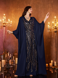 <span class=keywords><strong>Robe</strong></span> de soirée élégante pour femmes, col en V, manches chauve-souris, <span class=keywords><strong>longue</strong></span>, luxueuse, haut de gamme, avec des paillettes, des dentelles, des patchwork, en satin mat <span class=keywords><strong>bleu</strong></span> <span class=keywords><strong>marine</strong></span> - Product Image 6