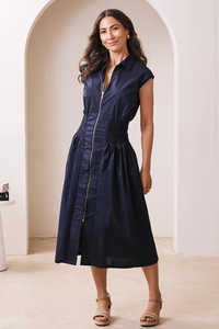 Abito Midi <span class=keywords><strong>Laura</strong></span> Senza Maniche con Vita Arricciata e Zip Frontale Blu Navy Classico con Colletto e Scollo a V Elegante per Donne - Product Image 2