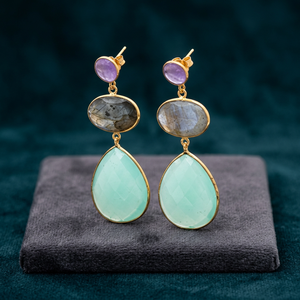 Boucles d'oreilles pendantes en alliage de zinc faites à la main avec pierres précieuses et placage en rhodium, style bohème, boucles d'oreilles tendance - Product Image 2
