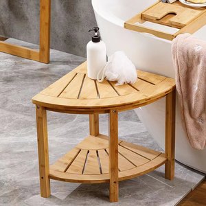 Tabouret de douche d'angle en bois sur mesure, étagère de salle de bain incurvée en forme d'éventail, siège de toilette antidérapant avec rangement - Product Image 2