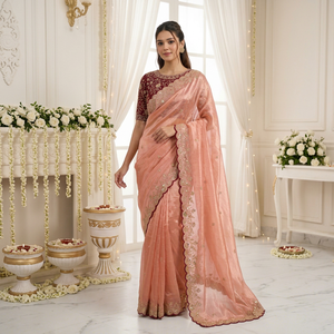 Elegante sari de seda rosa con blusa color granate para bodas, para mujeres de India y Pakistán. - Product Image 1