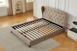 <span class=keywords><strong>Lit</strong></span> plateforme capitonné en velours beige camel <span class=keywords><strong>de</strong></span> style classique <span class=keywords><strong>avec</strong></span> <span class=keywords><strong>tête</strong></span> <span class=keywords><strong>de</strong></span> <span class=keywords><strong>lit</strong></span> incurvée, sans sommier requis - Product Image 2