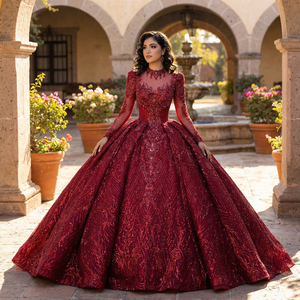 XS215 Robe de Quinceañera Rouge à Col Montant, Style Empire, pour 15 Ans, avec Broderie de Cristaux, Perles et Imprimé, Traîne Chapelle, pour Fête - Product Image 1