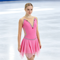 Robe de patinage artistique rose vif en maille à manches longues avec strass et col en V pour enfants et adultes, idéale pour les compétitions et spectacles de patinage sur glace