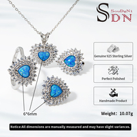 Parure de bijoux fantaisie en argent sterling rhodié avec opale bleue en forme de cœur, collier, boucles d'oreilles et bague, cadeau pour femme