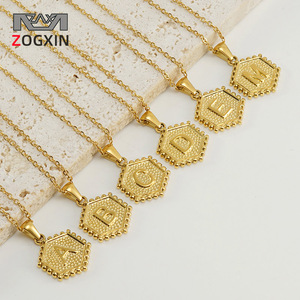 Zogxin Hexagonal Letter Pendant Necklace Gold Stainless Steel Women's Clavicle Chain Alphabet Jewelry Gift - Product Image 1