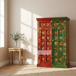 Armario de madera de mango indio Rajasthani pintado a mano, mueble para dormitorio, sala de estar, almirah artesanal para hotel o casa de campo - Product Image 3