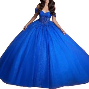 Royal Blue Off The Shoulder Ball Gown Sequined Tulle Evening Dress Empire Waistline Women's Formal Wear - Product Image 2