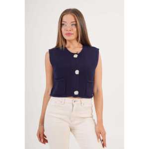 Chaleco de Punto Azul Marino para Mujer, Prenda Exterior Transpirable 100% Poliéster, Top Corto sin Mangas con Bolsillos - Product Image 3