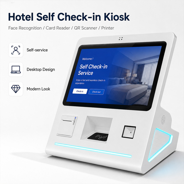 21.5 Inch Desktop Hotel Self Service Check in Kiosk 10 Point Touch Screen with Printer Barcode Scanner Card Reader OEM