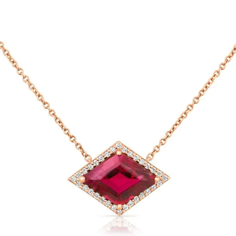 Bijoux minimalistes Collier pendentif à breloque en tourmaline rouge naturelle en or massif 14 carats orné de diamants certifiés