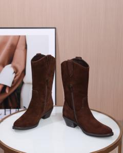 מגפי קאובוי חומים לנשים, סגירת רוכסן, גזרה גבוהה, לוגו מותאם אישית, עור אמיתי, נגד החלקה, נוחות, עקב עבה 5 ס\"מ, סתיו - Product Image 4