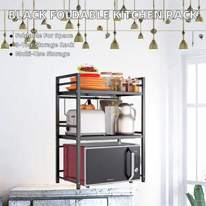 Black Three-Layer Multi-Functional Metal Kitchen Storage Cart with Foldable Microwave <b>Rack</b> - Product Image 2