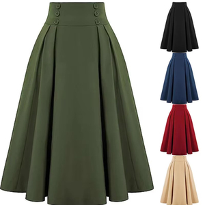 Falda Larga Casual de Primavera y Otoño, Estilo Vintage, Plisada, Tipo Corsé, Cintura Alta, Corte en A, con Bolsillos para Mujer - Product Image 1