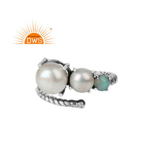 Popular Dainty Oxidized Solid Silver <b>Ring</b> <b>Pearl</b> and Ethiopian Opal <b>Ring</b> Gemstone <b>Rings</b> Jewelry Wholesale Vintage Collection - Product Image 1