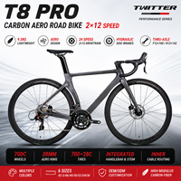 Vélo de route T8pro léger en fibre de carbone 700C avec axe traversant, guidon intégré en carbone, 24 vitesses, vélo de course pour adultes