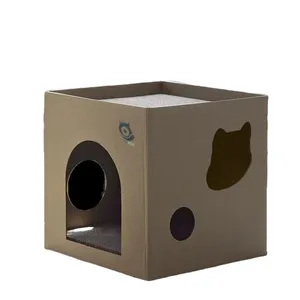 Rumah kucing kertas bergelombang dua dek, papan cakar kucing tahan gores dengan bentuk persegi dan mainan untuk hewan peliharaan