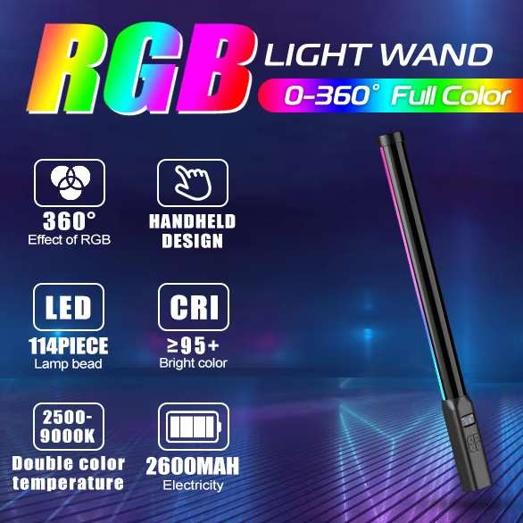 ULANZI VL119 Handheld Light Wand, 360° RGB LED Video Light Stick for Photography,2500-9000K Dimmable Camera Light with LCD
